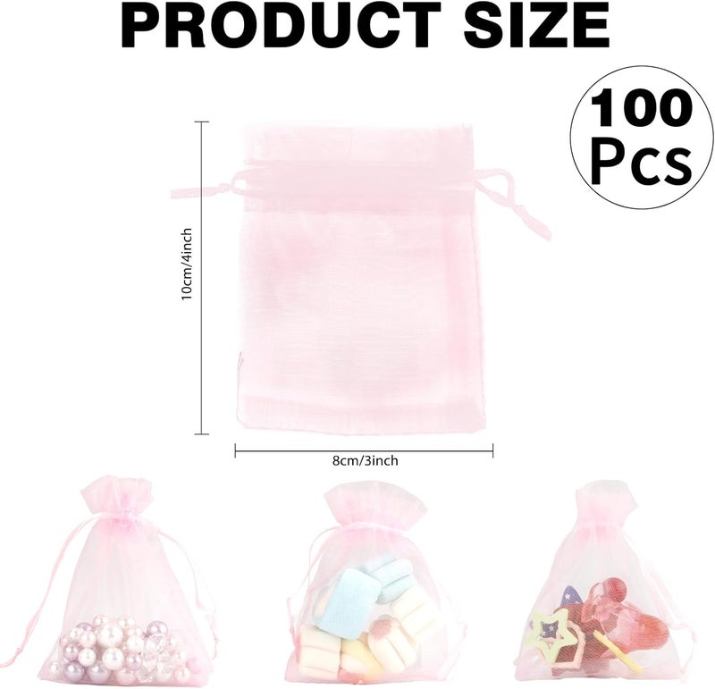 BOEIAC Organza Bags, Pink Organza Bags, 100Pcs, Sheer Organza Bags 3 x 4 inch, Jewelry Gift Bags, Party Favor Bags with Drawstring, Mesh Gift Pouches Mini Candy Bags for Wedding Birthday Party - Image 2